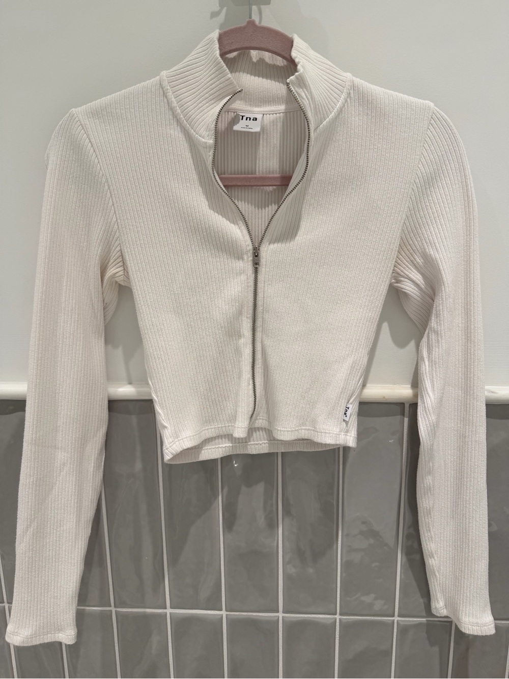 Cream Ribbed Mock-Neck Half Zip Top